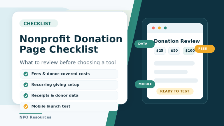 Illustration of a nonprofit donation page checklist with review items for fees, recurring giving, donor data, and mobile launch testing.