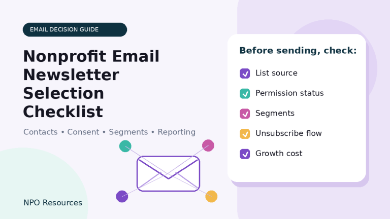 Nonprofit email newsletter selection checklist illustration with list source, permission status, segments, unsubscribe flow, and growth cost review items