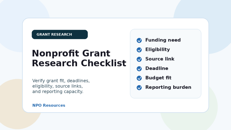 Illustration of a nonprofit grant research checklist with funding need, eligibility, source link, deadline, budget fit, and reporting burden steps