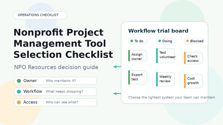 Nonprofit project management tool selection checklist illustration with workflow trial board, owners, access, and task coordination review items