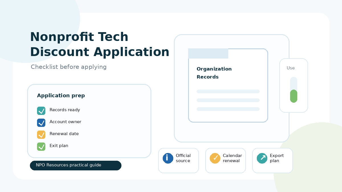Nonprofit staff member organizing records, account access, renewal dates, usage, and exit planning before applying for a technology program