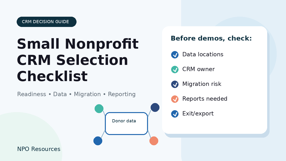 Small nonprofit CRM selection checklist illustration with readiness, donor data, migration, reports, and exit review items