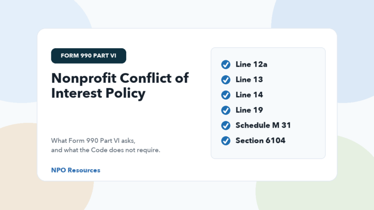 Nonprofit conflict of interest policy questions in Form 990 Part VI, Section B, with lines 12a, 13, 14 and 19 and Schedule M line 31